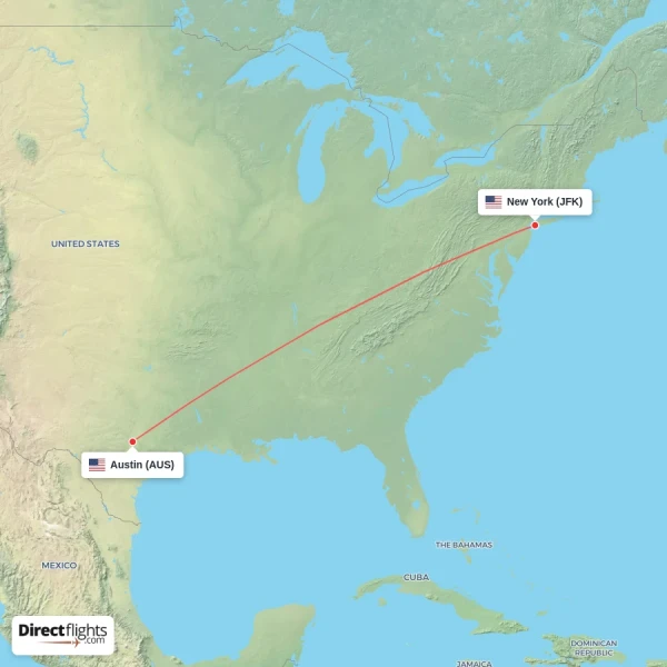 Austin - New York direct flight map