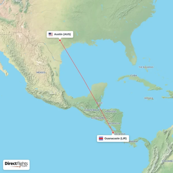 Austin - Guanacaste direct flight map