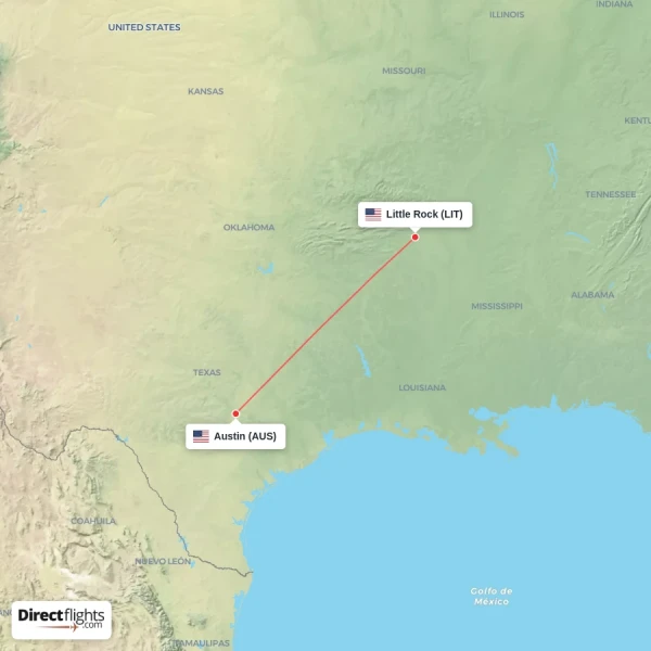 Austin - Little Rock direct flight map