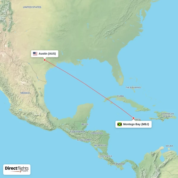 Austin - Montego Bay direct flight map
