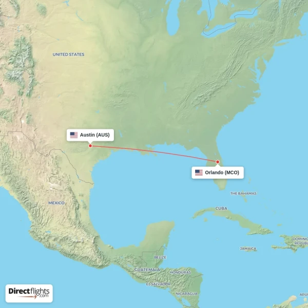 Austin - Orlando direct flight map