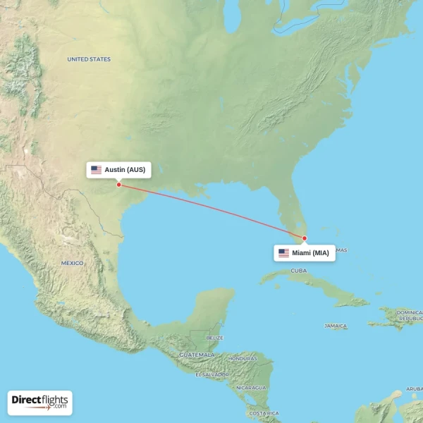 Austin - Miami direct flight map