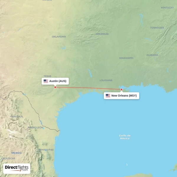 Austin - New Orleans direct flight map