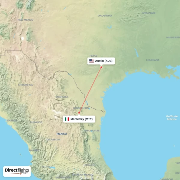 Austin - Monterrey direct flight map