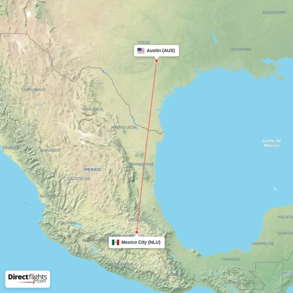 Austin - Mexico City direct flight map