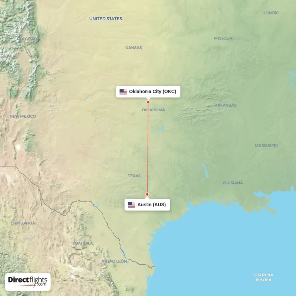 Austin - Oklahoma City direct flight map