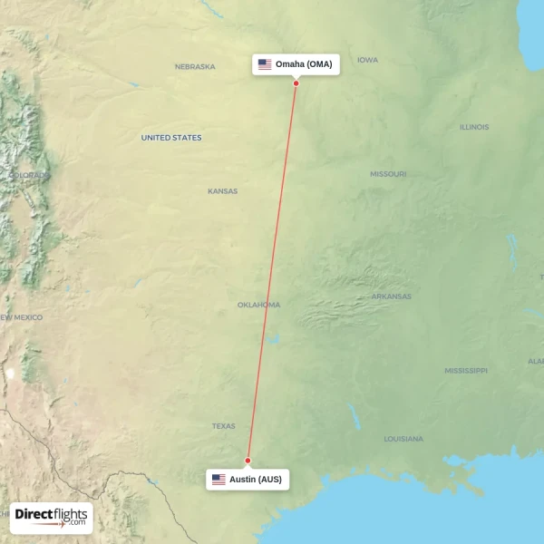 Austin - Omaha direct flight map