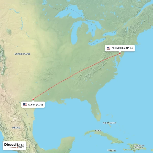 Austin - Philadelphia direct flight map