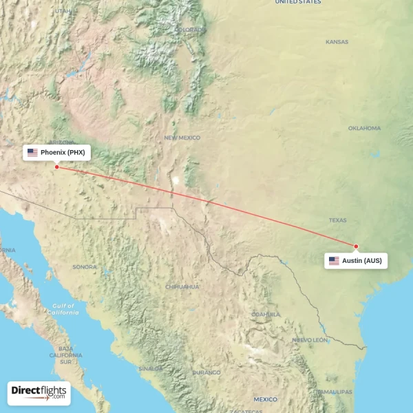 Austin - Phoenix direct flight map