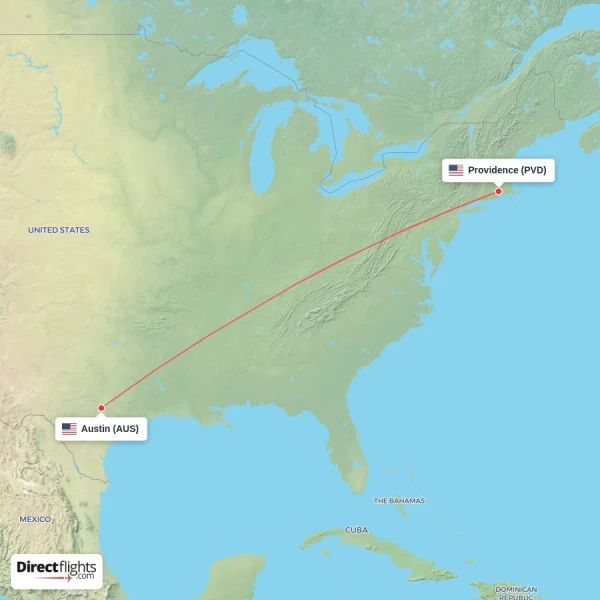 Austin - Providence direct flight map