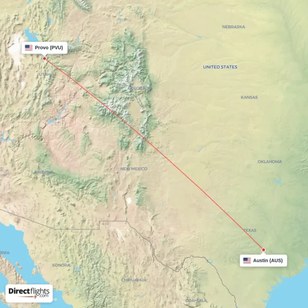 Austin - Provo direct flight map