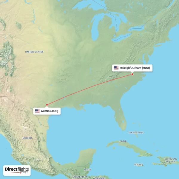 Austin - Raleigh/Durham direct flight map