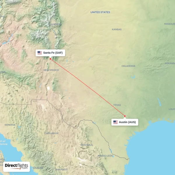 Austin - Santa Fe direct flight map