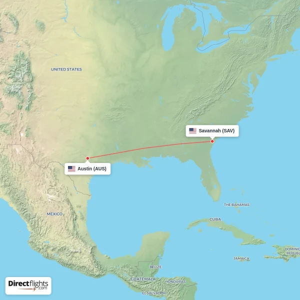 Austin - Savannah direct flight map
