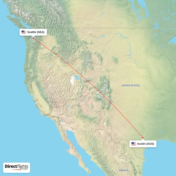 Austin - Seattle direct flight map