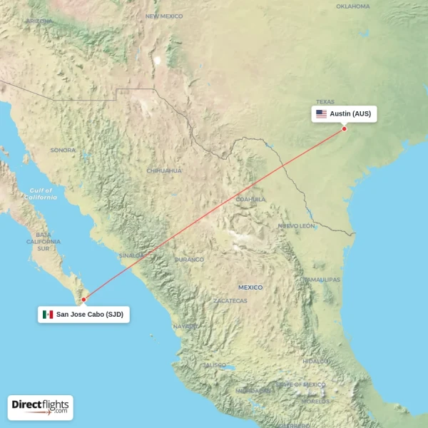 Austin - San Jose Cabo direct flight map