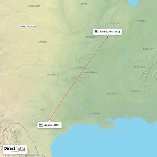Austin - Saint Louis direct flight map
