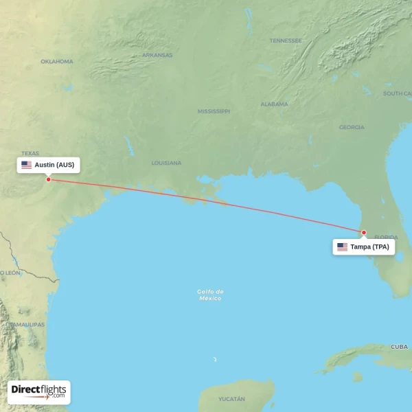 Austin - Tampa direct flight map