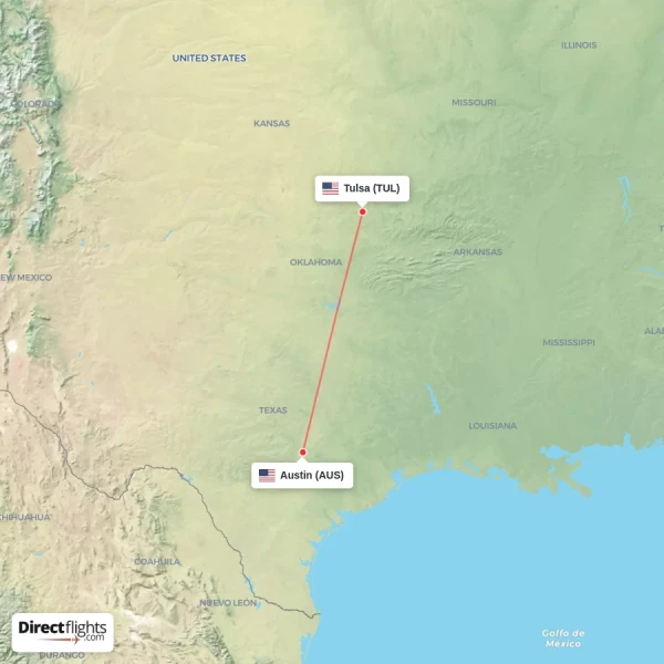 Austin - Tulsa direct flight map