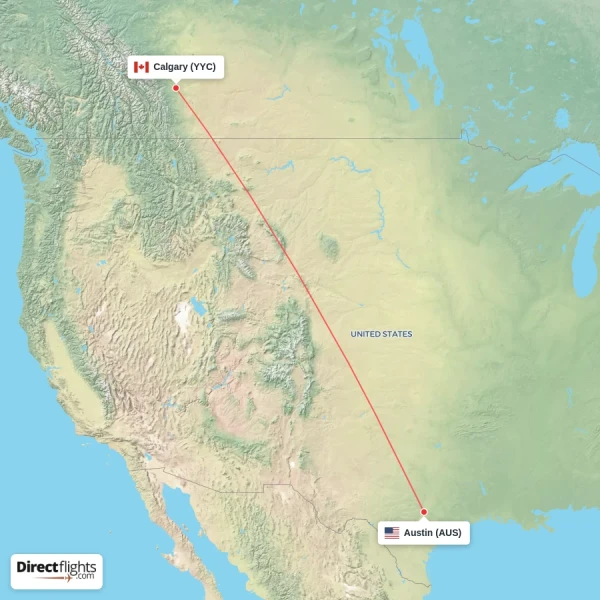 Austin - Calgary direct flight map