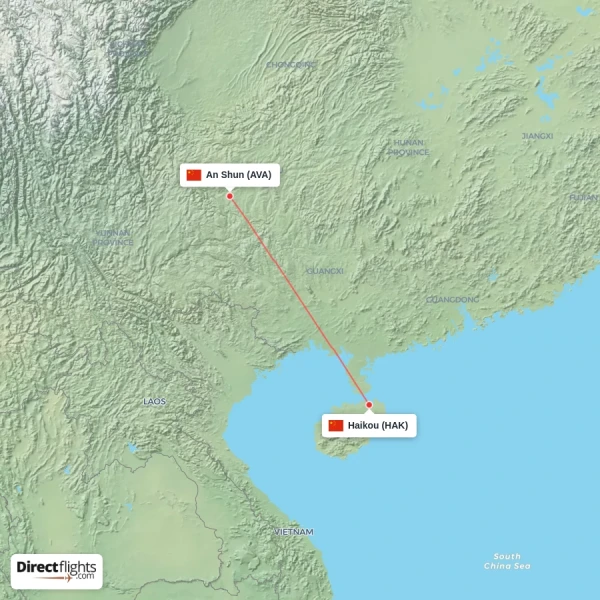 An Shun - Haikou direct flight map