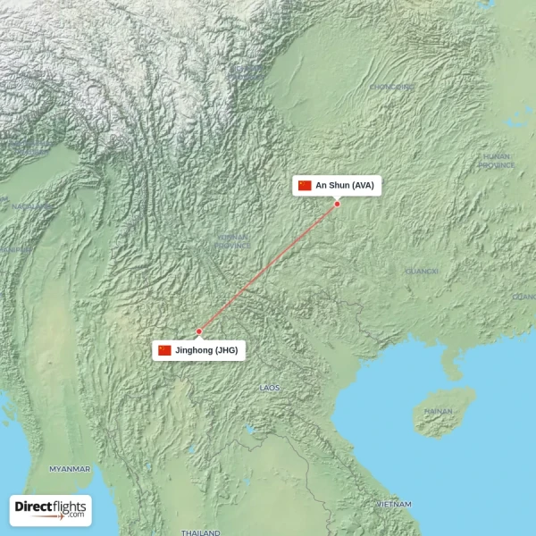 An Shun - Jinghong direct flight map