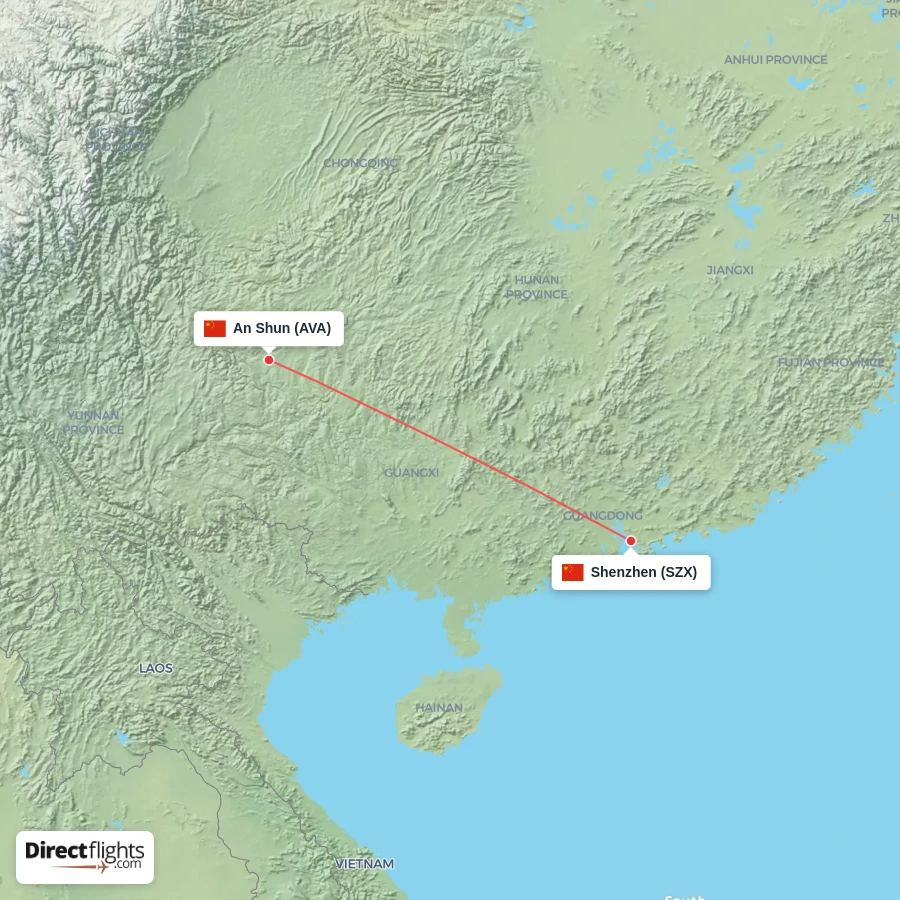 AVA - SZX route map