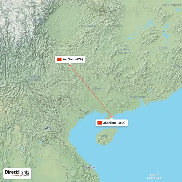 An Shun - Zhanjiang direct flight map