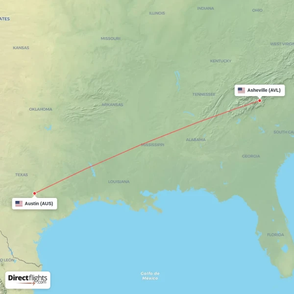 Asheville - Austin direct flight map