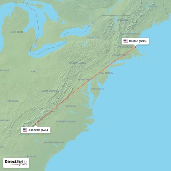 Asheville - Boston direct flight map