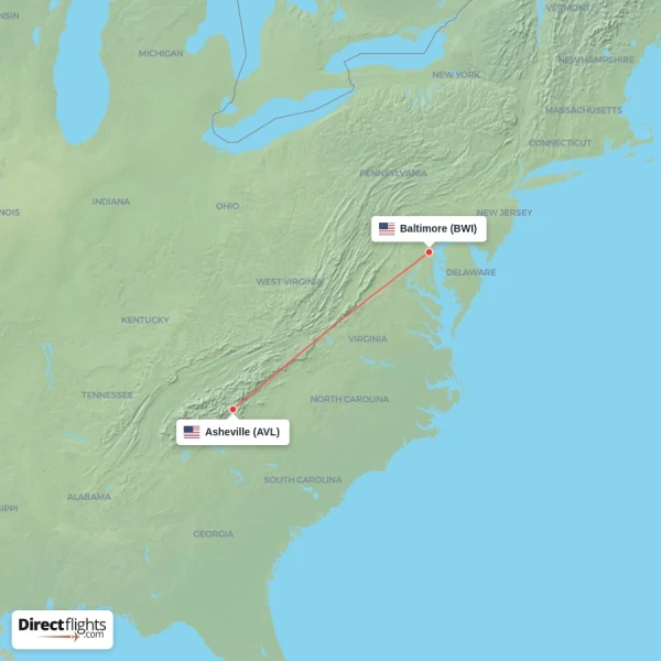 Asheville - Baltimore direct flight map