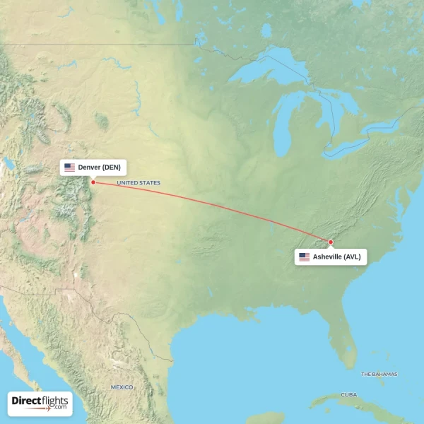 Asheville - Denver direct flight map