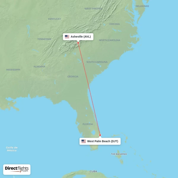 Asheville - West Palm Beach direct flight map