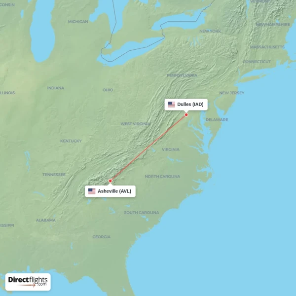 Asheville - Dulles direct flight map