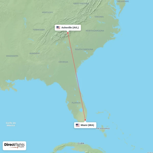 Asheville - Miami direct flight map