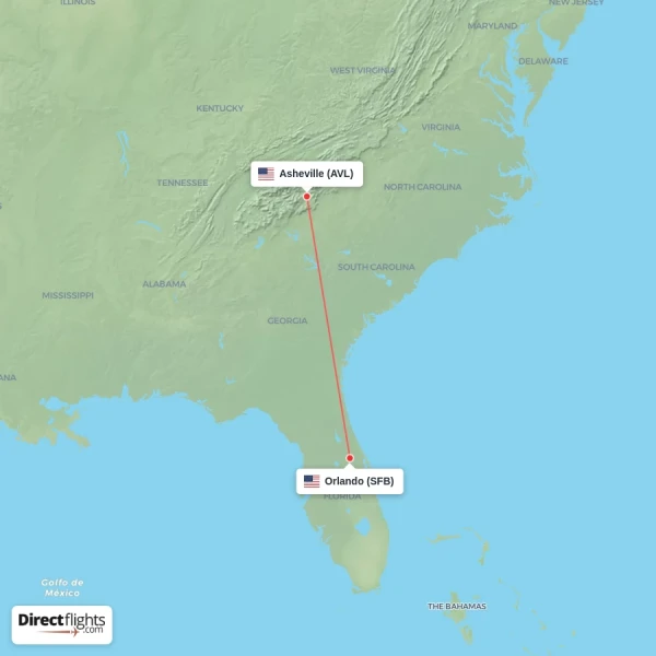 Asheville - Orlando direct flight map