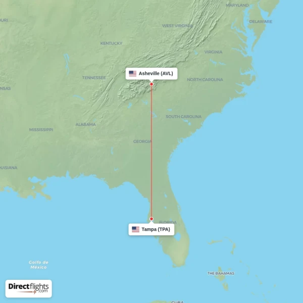 Asheville - Tampa direct flight map