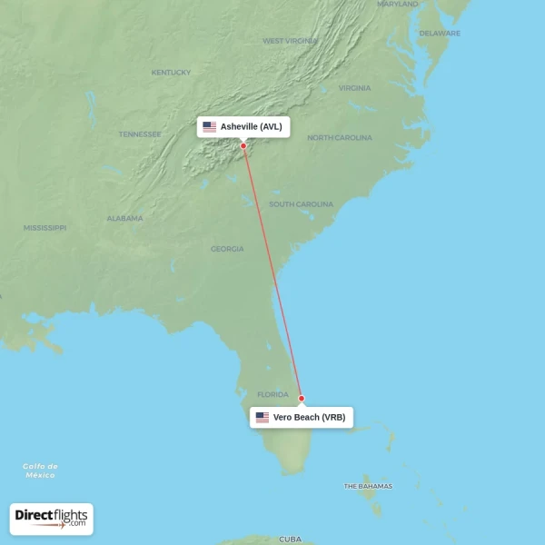 Asheville - Vero Beach direct flight map