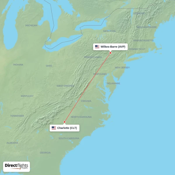 Wilkes-Barre - Charlotte direct flight map