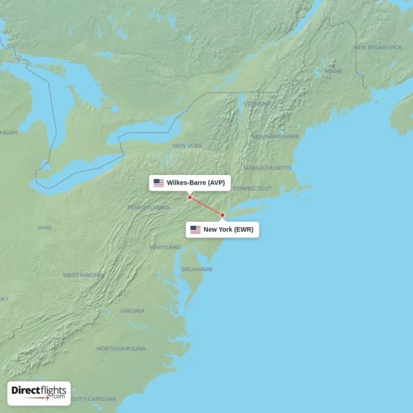 Wilkes-Barre - New York direct flight map