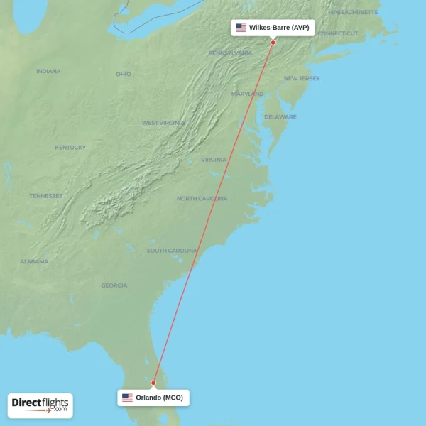Wilkes-Barre - Orlando direct flight map