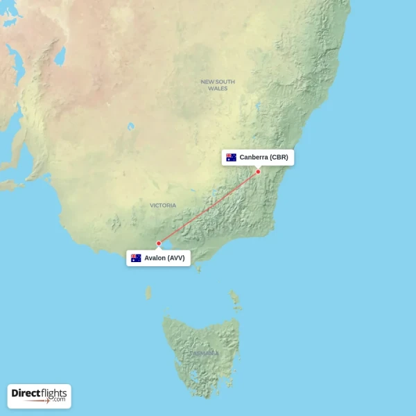 Avalon - Canberra direct flight map