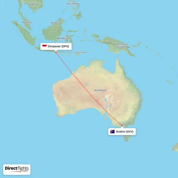 Avalon - Denpasar direct flight map
