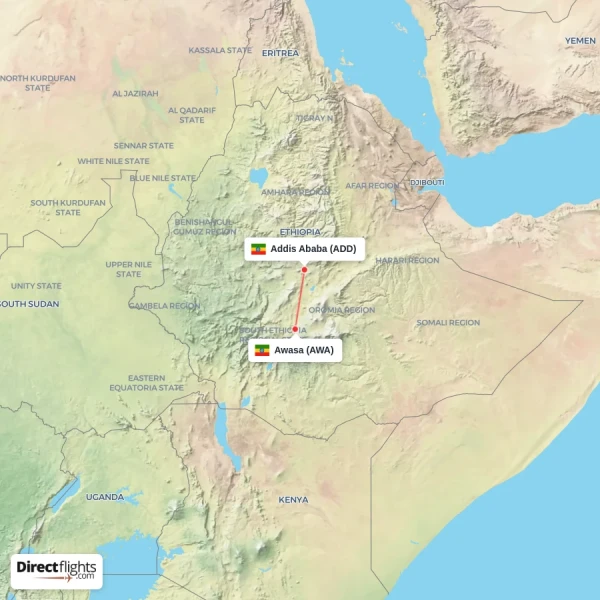 Awasa - Addis Ababa direct flight map