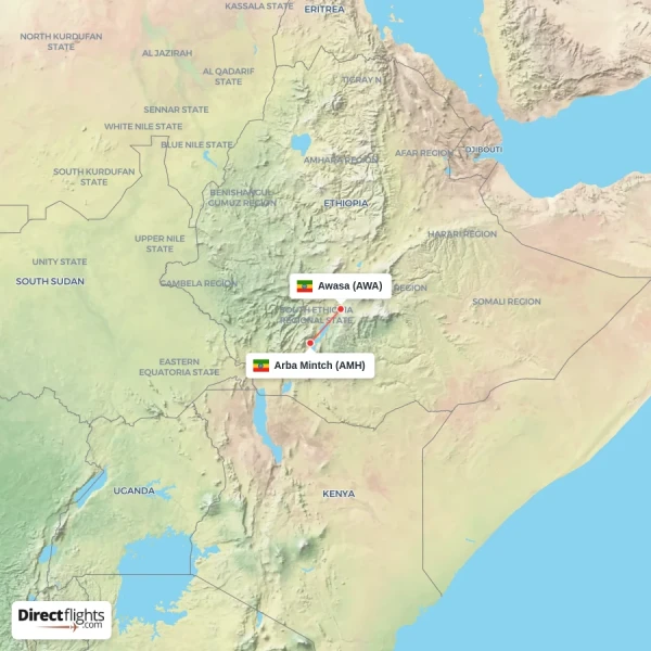 Awasa - Arba Mintch direct flight map