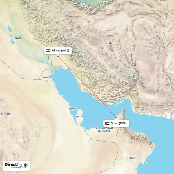 Ahwaz - Dubai direct flight map