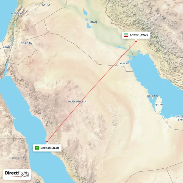 Ahwaz - Jeddah direct flight map