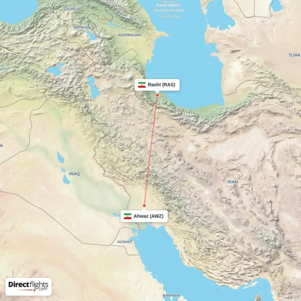 Ahwaz - Rasht direct flight map