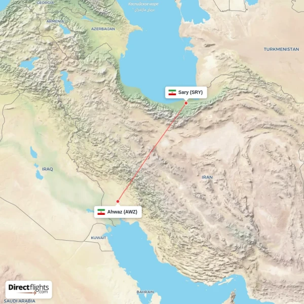 Ahwaz - Sary direct flight map