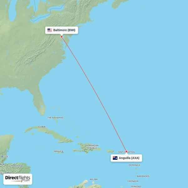 Anguilla - Baltimore direct flight map